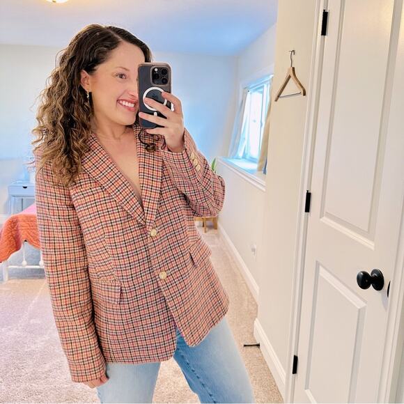 Talbots Pink Plaid Wool Blend Blazer Jacket 14